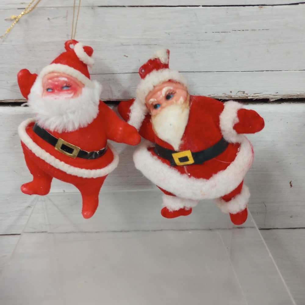 Vintage set of 2 flocked Dancing Santa Ornaments Santa Decor Blow Mold Kitsch